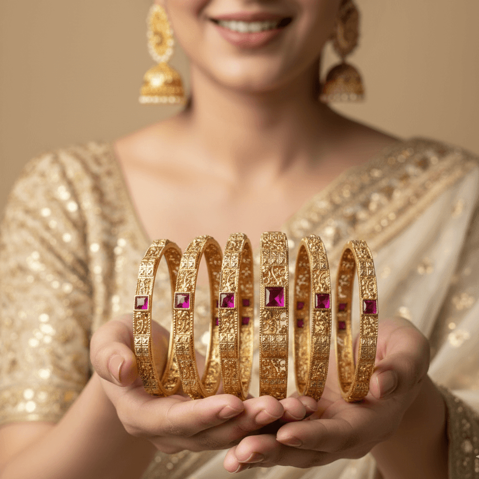 Indrani Rajwadi Bangles - 22K Gold Plated Indian Bridal Set of 6 - Riwaaj