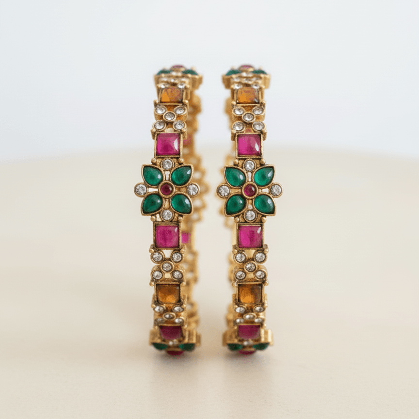 Ruby Emerald Floral Bangles - 22K Gold Plated Indian Bracelets - Riwaaj