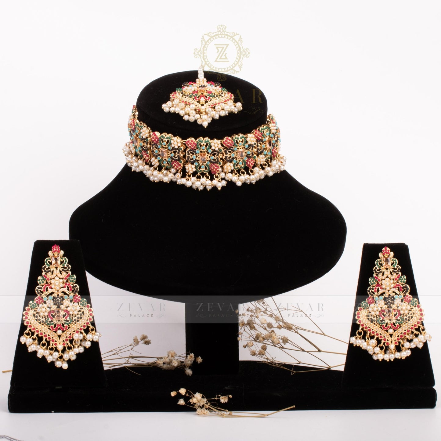 Encrusted Navratan Necklace Set - Riwaaj