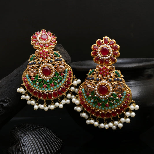 Lavish Nauratan Earrings - Premium 9 - Stone Statement Jewelry - Riwaaj