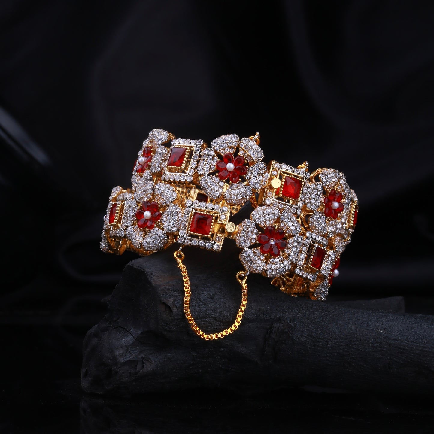 Regal Ruby & Emerald Floral Openable Bangle - Riwaaj