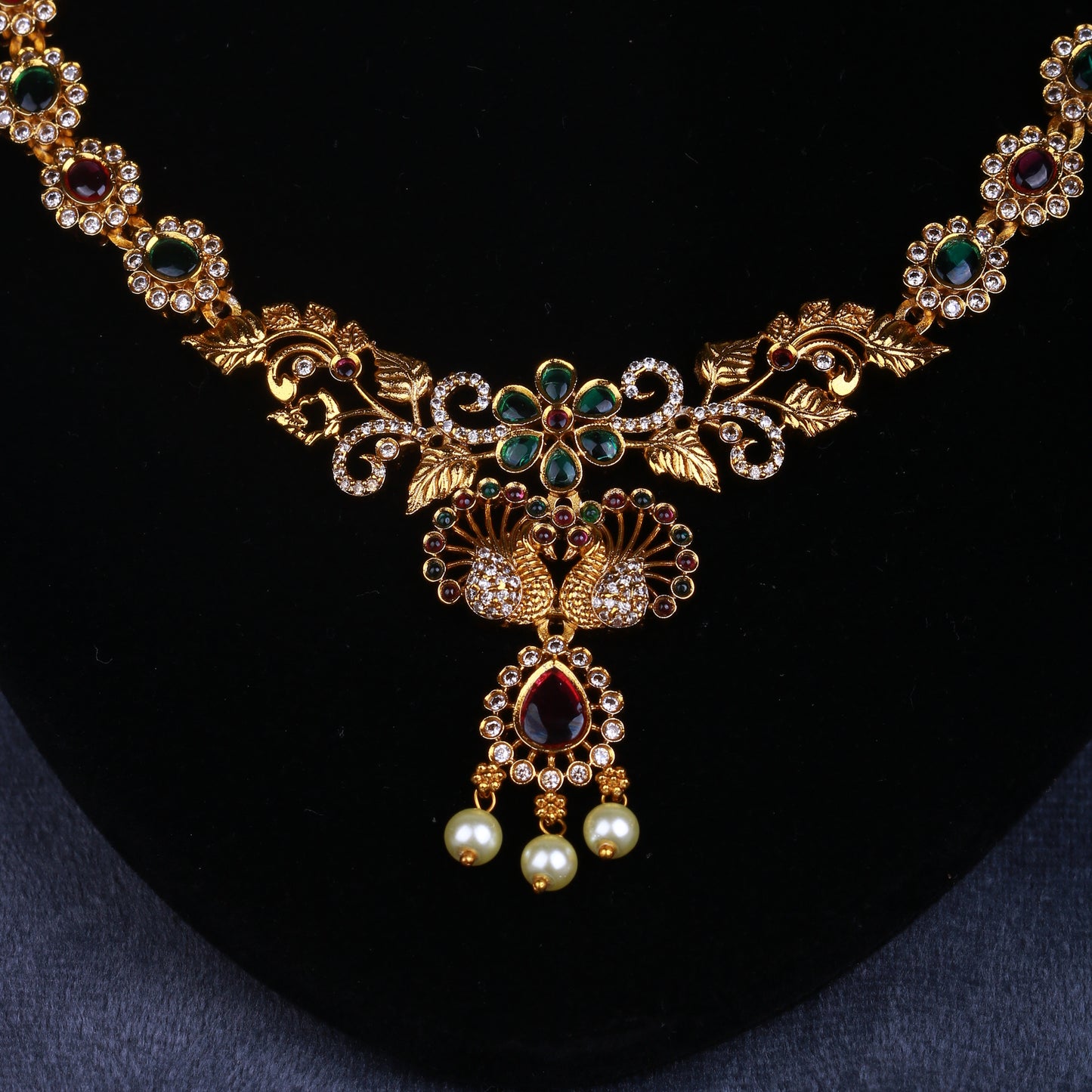 Zeenat Classic Jewelry Set - 22K Gold Plated Ruby Emerald Necklace & Earrings - Riwaaj