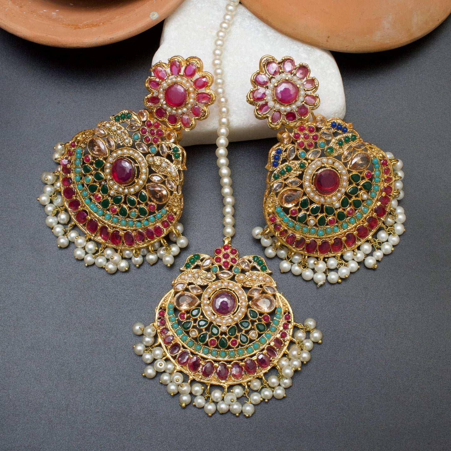 LAVISH NAVRATAN EARRINGS WITH TEEKA - Riwaaj