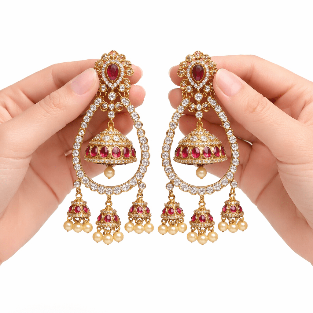 Royal Chandbali Jhumka Earrings – Heart Ruby, Kundan & Seed Pearl Drops - Riwaaj