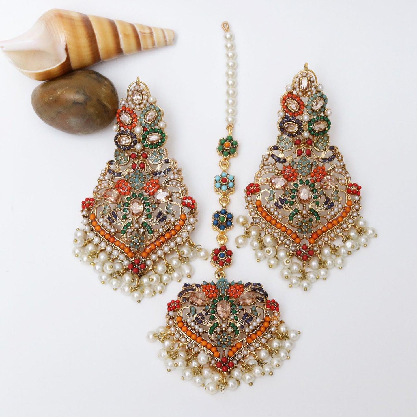 Stunning Navratan Earring With Tikka - Riwaaj