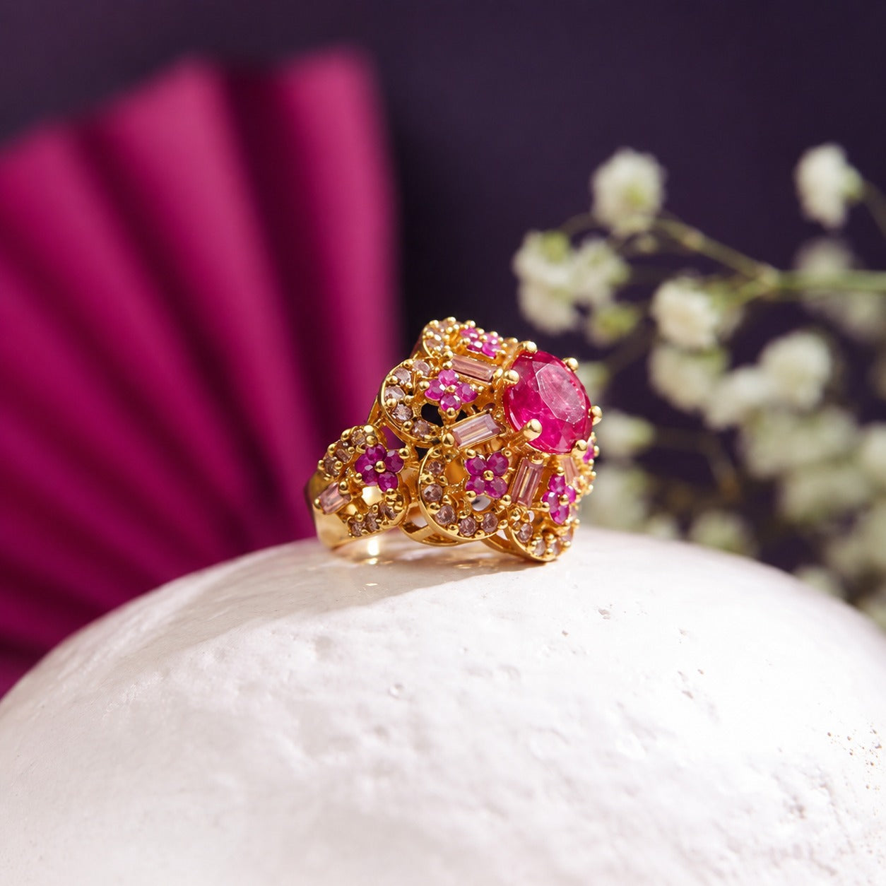 Handcrafted 22k Gold Statement Scalloped Ruby Ring