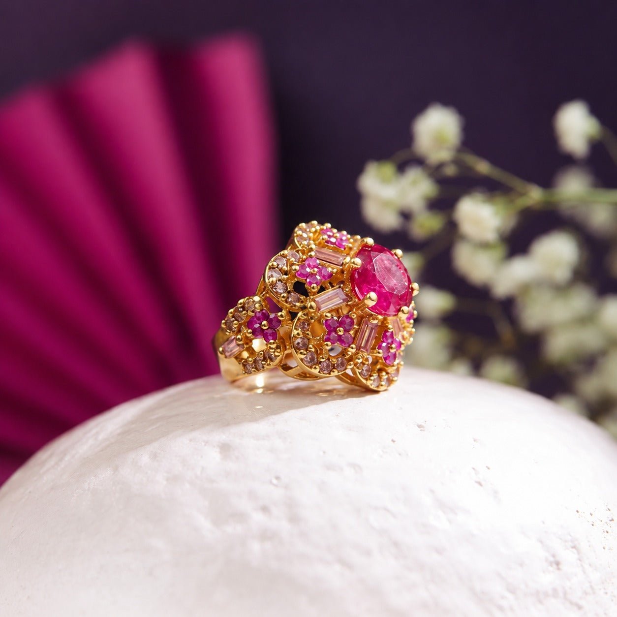 Handcrafted 22k Gold Statement Scalloped Ruby Ring - Riwaaj