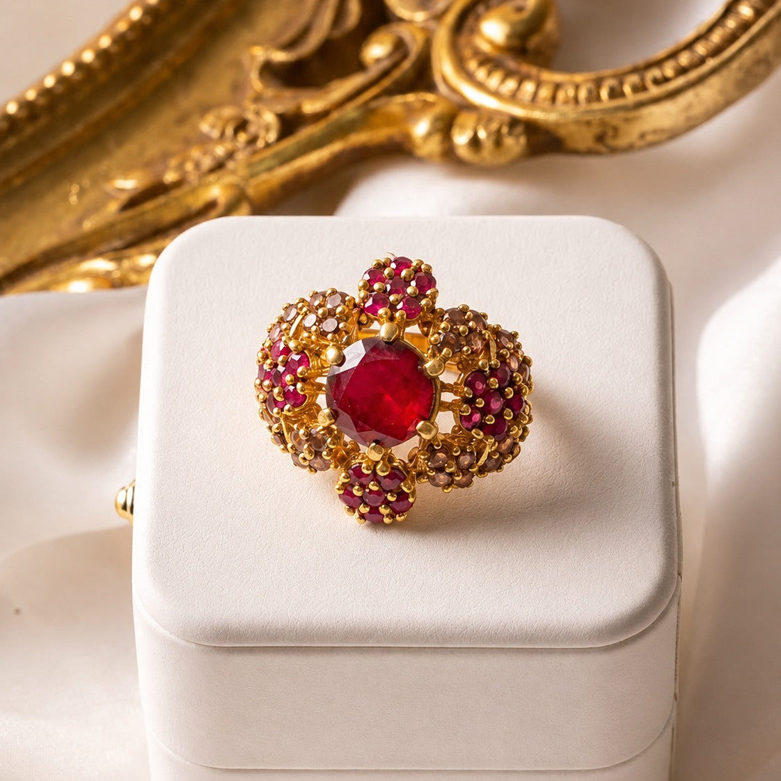 Handcrafted 22k Gold Statement Scalloped Ruby Cluster