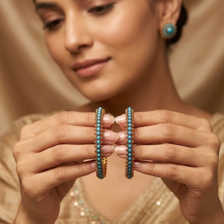 22K Gold Plated Prism Bangle Set – Handcrafted Gemstone Pair - Riwaaj