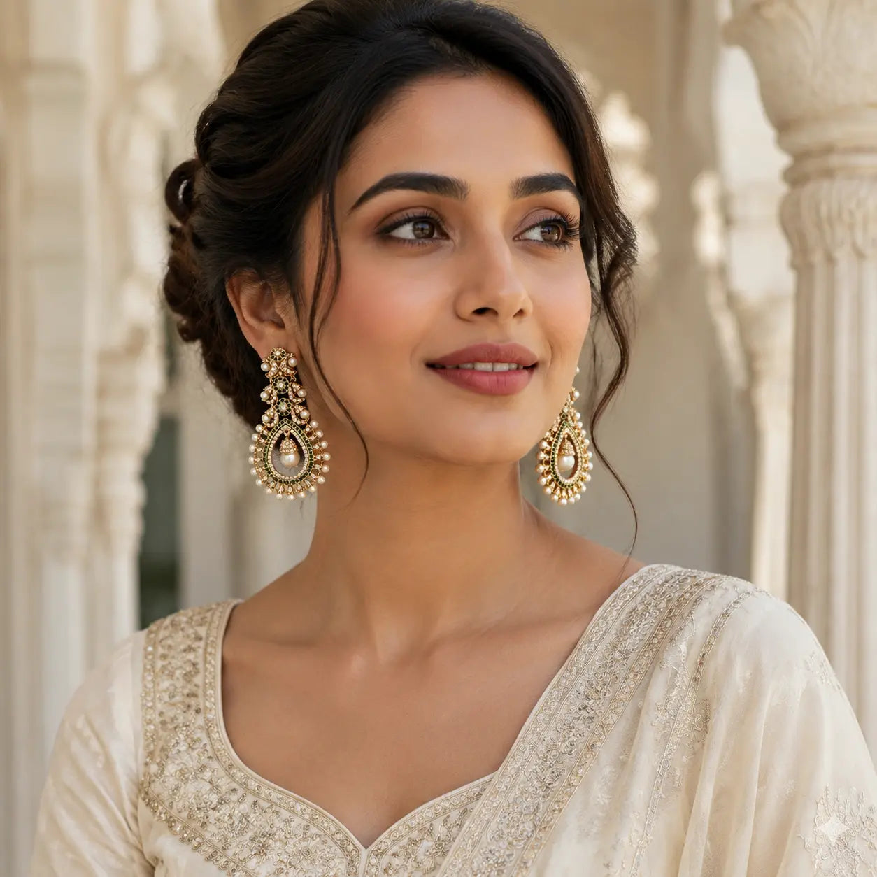 Mehrunisa Kundan Pearl Drop Statement Earrings - pearl model portrait