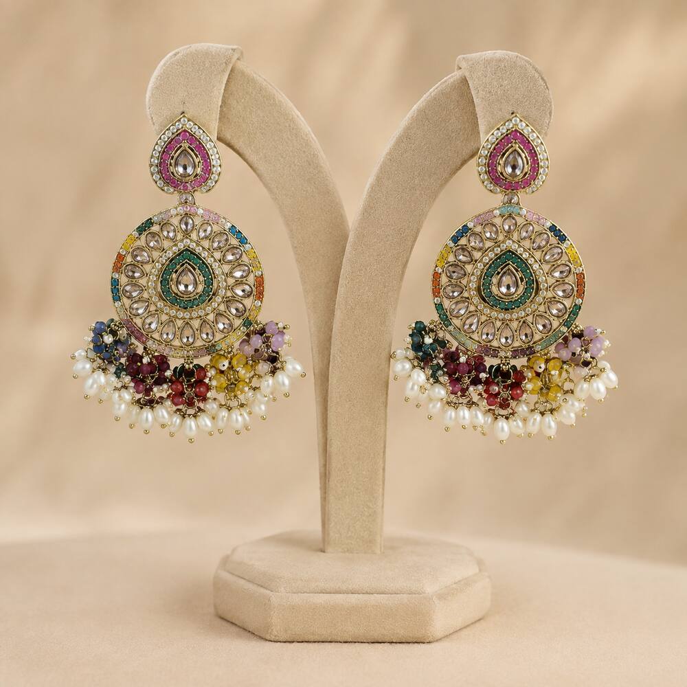 Pair of matching multicolour kundan bridal earrings