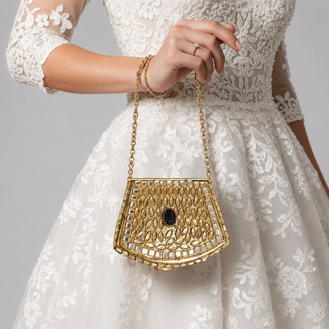 Gold Kundan Mirror Clutch with Chain Strap | Black Onyx Accent
