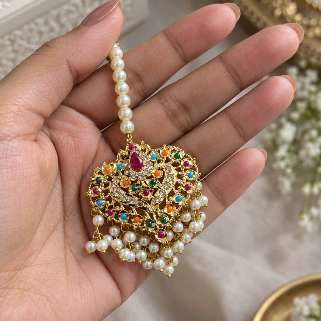 Multicolour Pearl Mala Long Necklace Set with Earrings & Maang Tikka