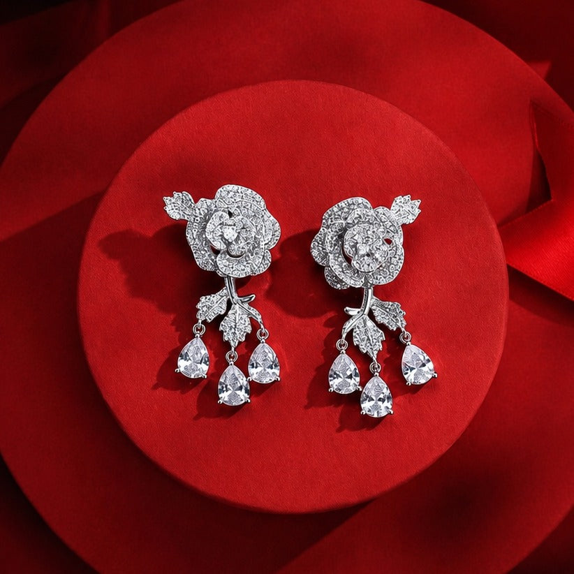 Floral CZ Drop Earrings | Silver Rose with Leaf Stem & Triple Pear Dangles