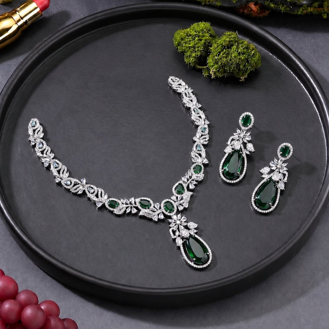 Emerald CZ Teardrop Pendant Jewellery Set