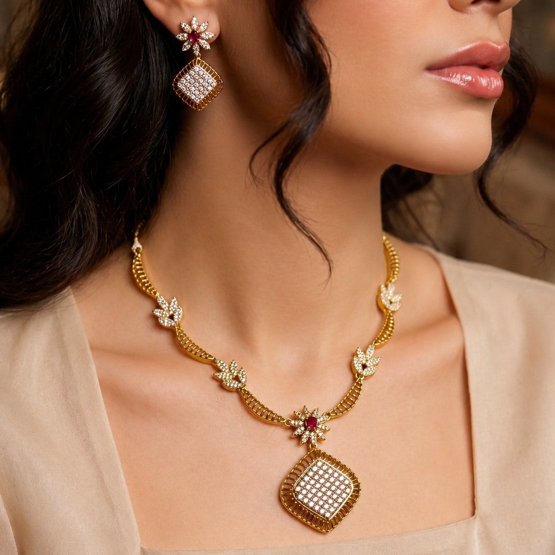 Gold Diamond Square Pendant Necklace & Earrings Set