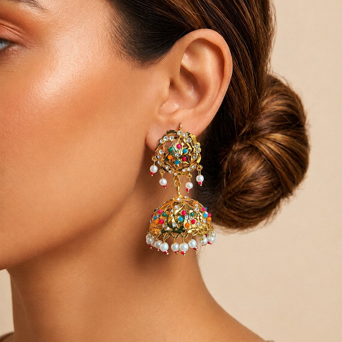Multicolour Navratan Jhumka Earrings | Gold Filigree Dome with Pearl & Bead Drops