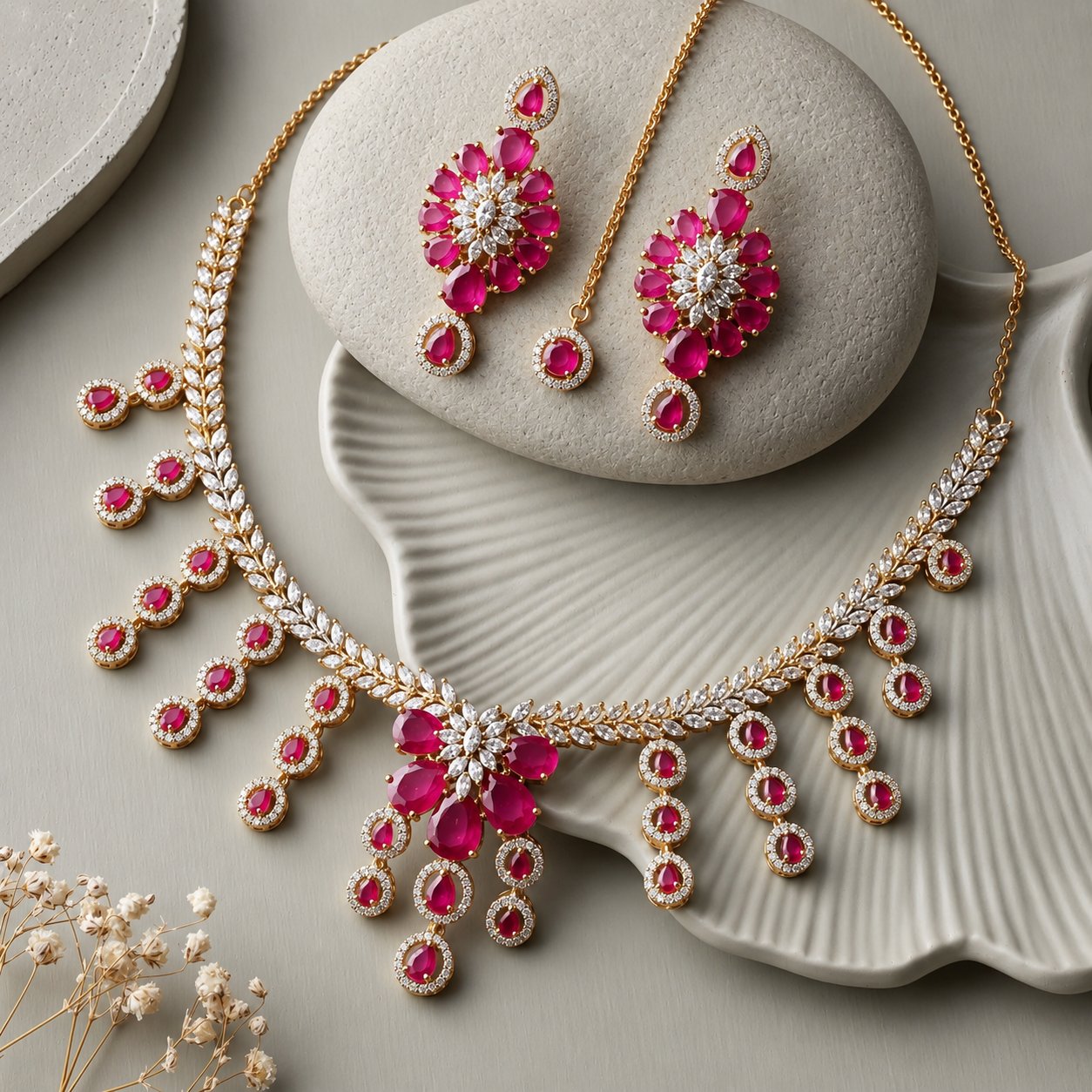 Ruby & Diamond Floral Necklace & Earrings Set
