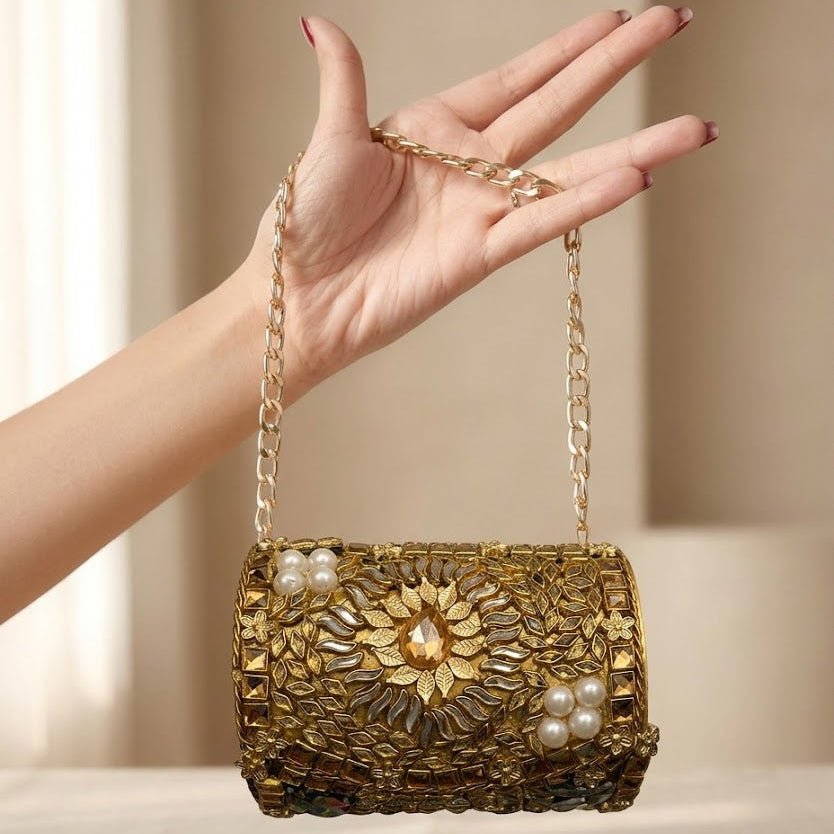 Kundan Gem Clutch – Bridal Evening Bag with Chain - Riwaaj