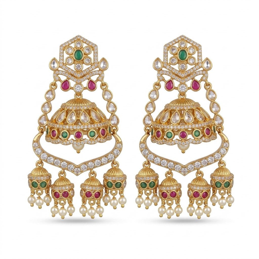 Majestic Chandbali Jhumka Earrings – Gold Kundan with Ruby & Emerald Drops - Riwaaj
