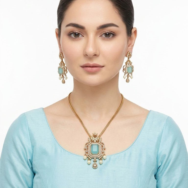 Regal Jadau Kundan Necklace Set with Rectangular Gemstones & Pearl Drops - Riwaaj