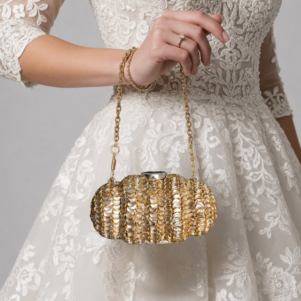 Gold Coin Disc Oval Clutch with Chain Strap