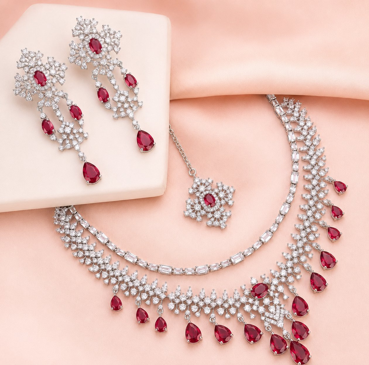 Ruby & Diamond Layered Necklace, Earrings & Teeka Set