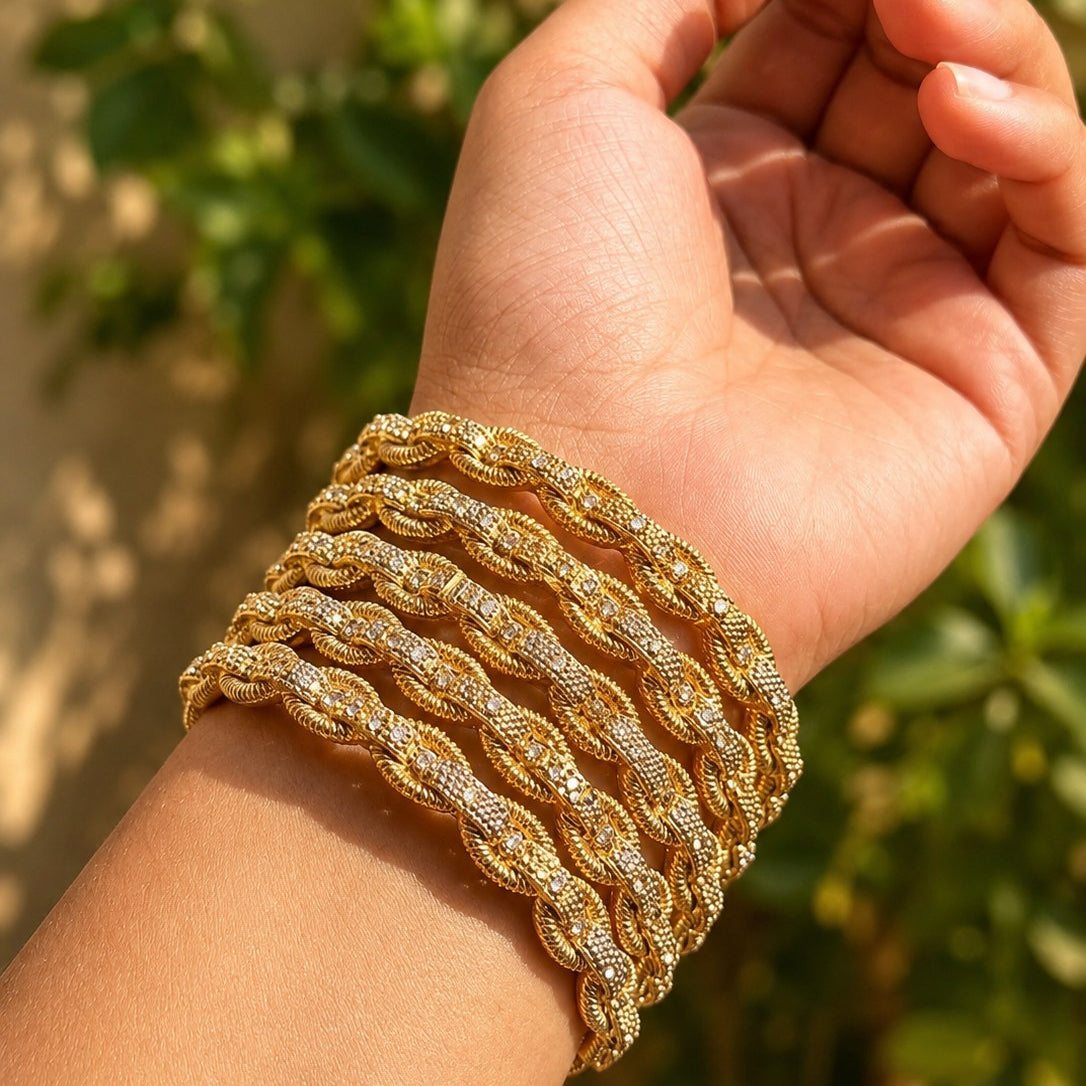 Gold Rope Crystal Bangle Set of 6