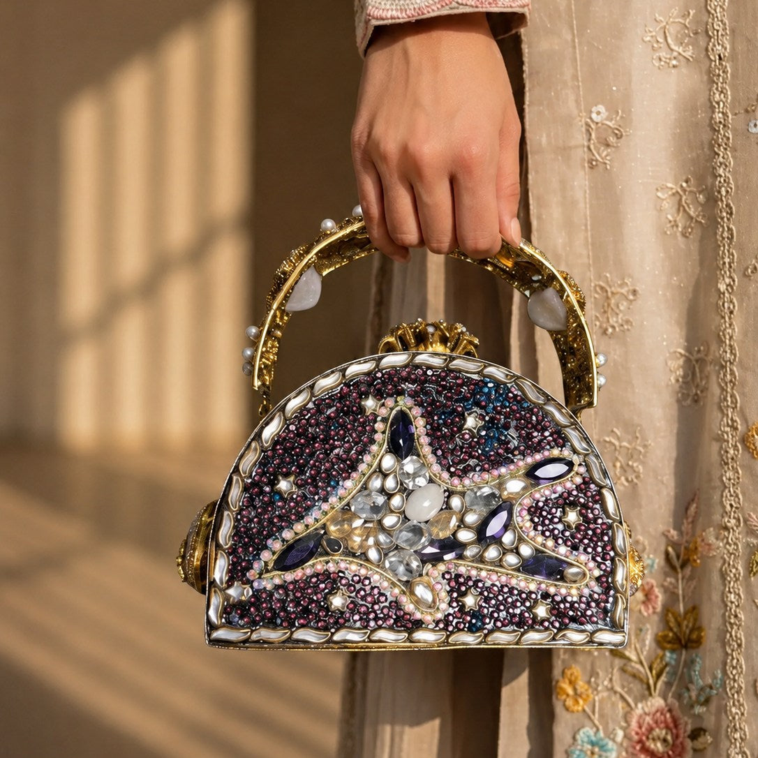 Smoky Crystal & Aubergine Kundan Dual-Design Clutch