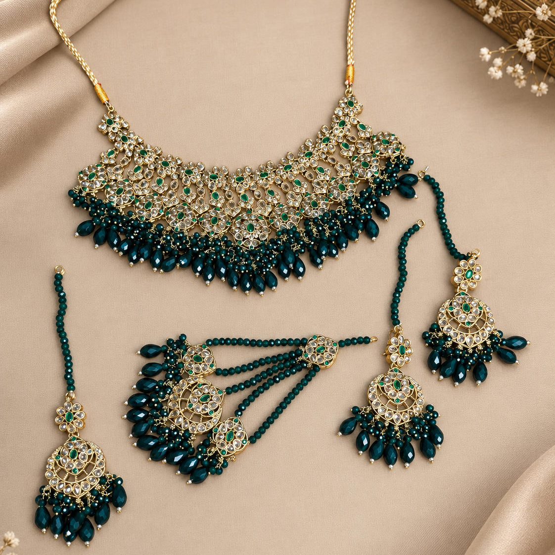 Mehrunisa Polki Kundan Grand Bridal Choker Set Green