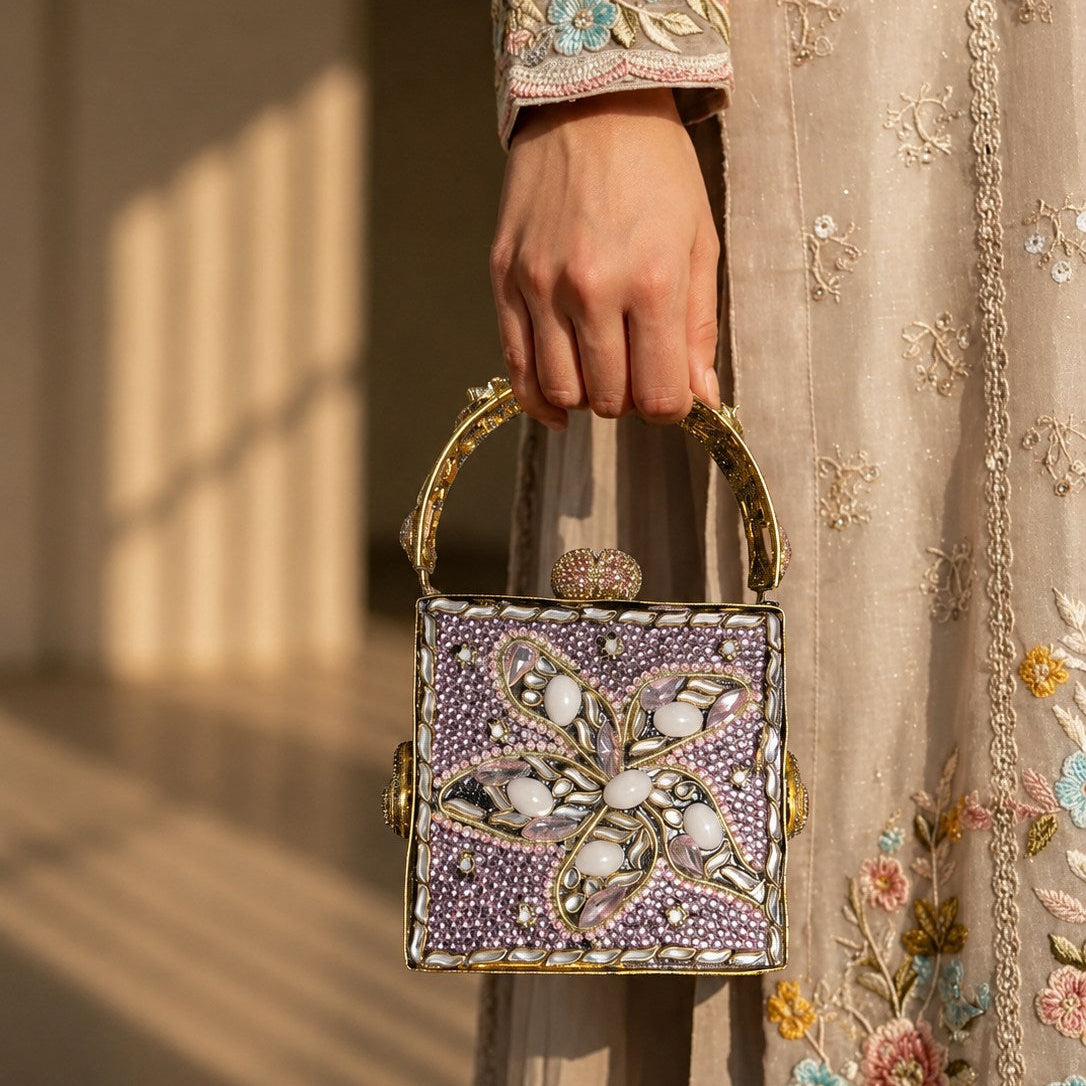 Lavender Butterfly & Gold Filigree Dual-Sided Box Clutch