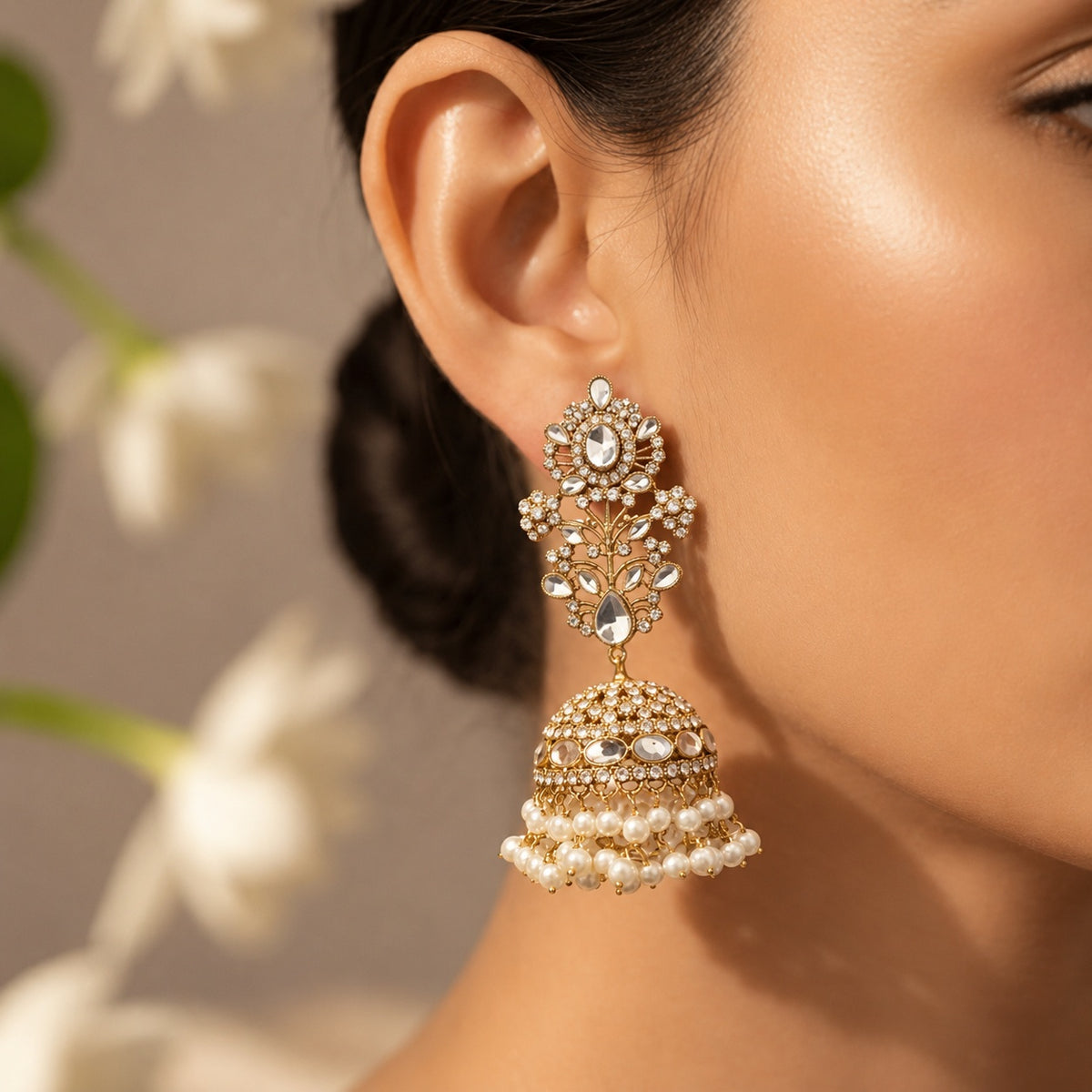 Gold Kundan Jhumka Earrings – Floral Stud with Pearl Fringed Dome Bell