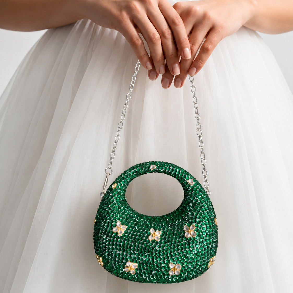 Emerald Green Floral Crystal Dome Mini Bag
