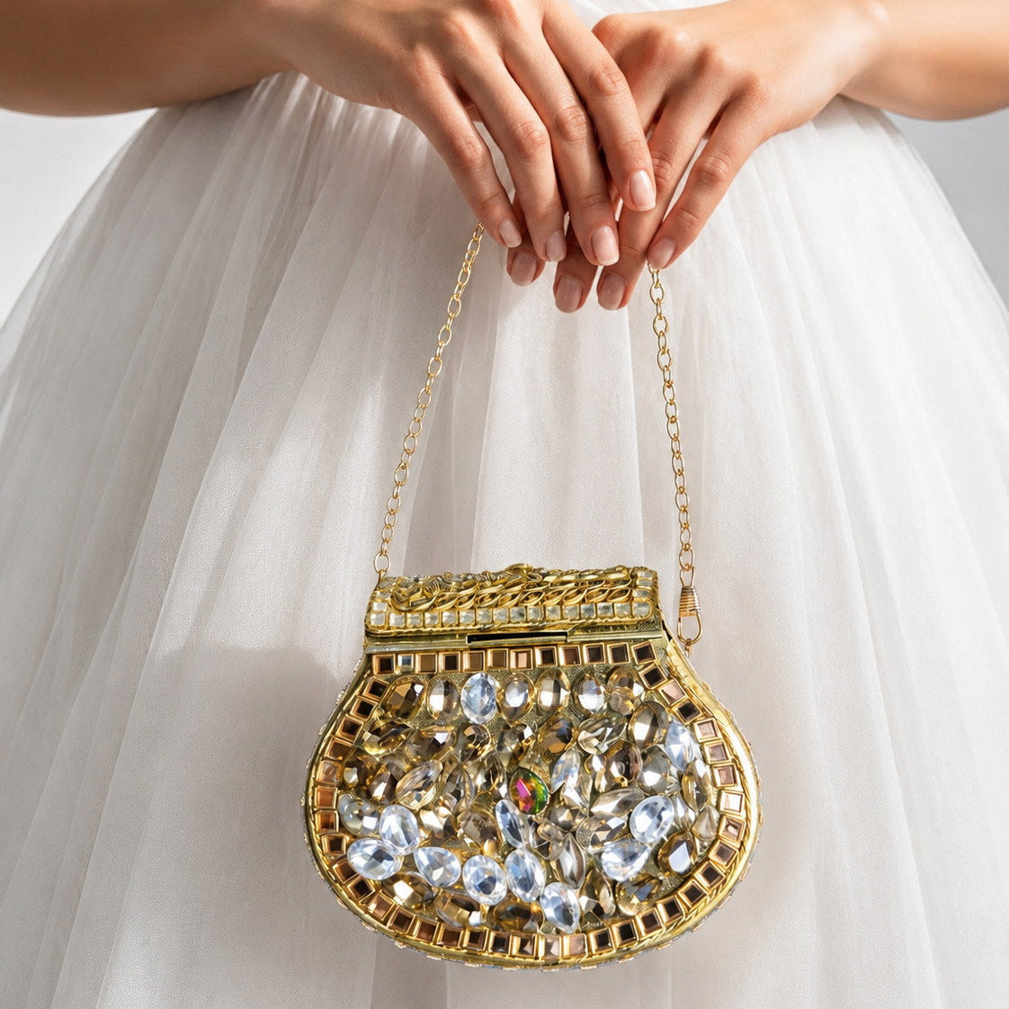 Peacock Feather & Crystal Dual-Sided Gold Clutch