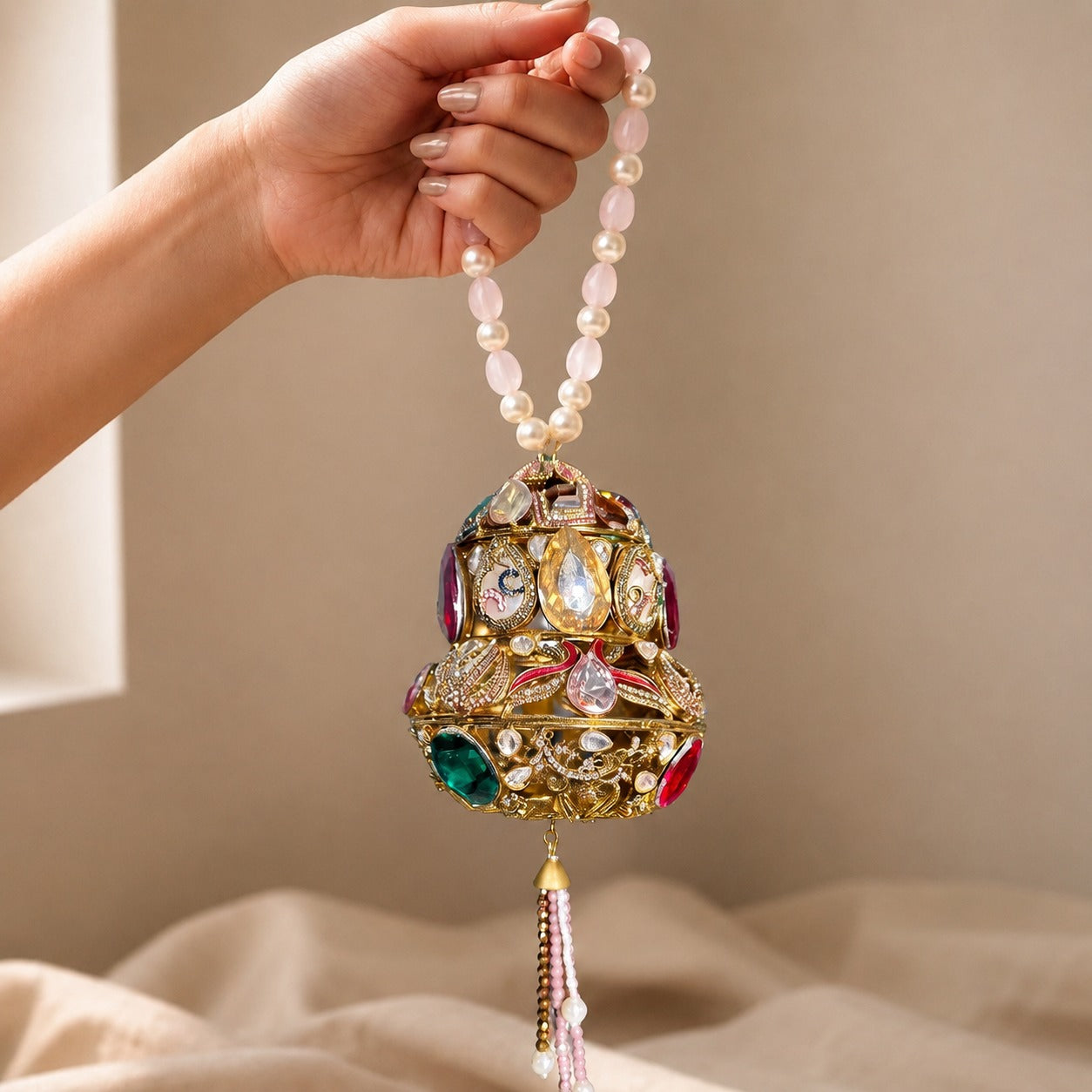 Navratan Jewel Bell Orb Bag with Pearl Handle