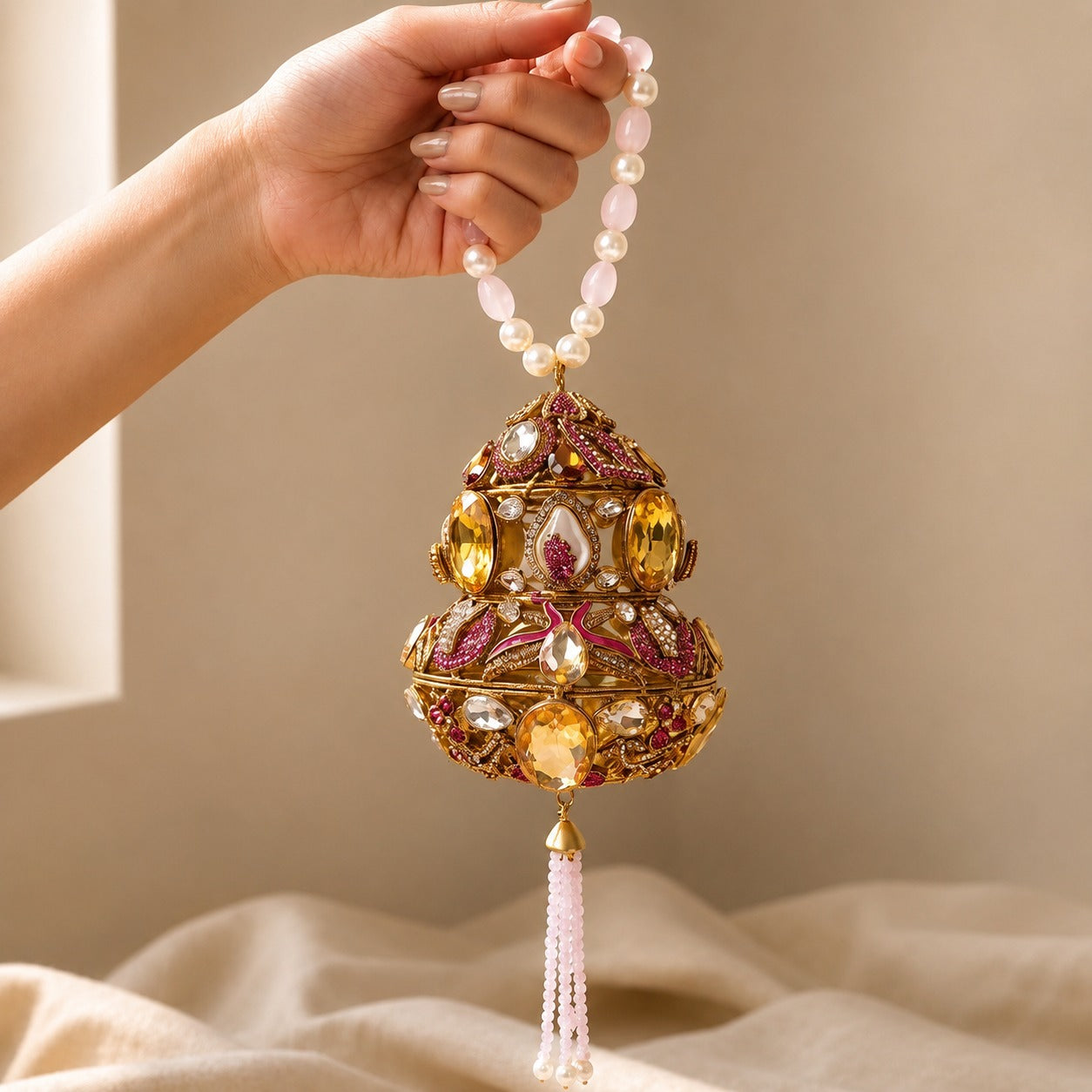 Citrine & Pink Filigree Bell Orb Bridal Bag