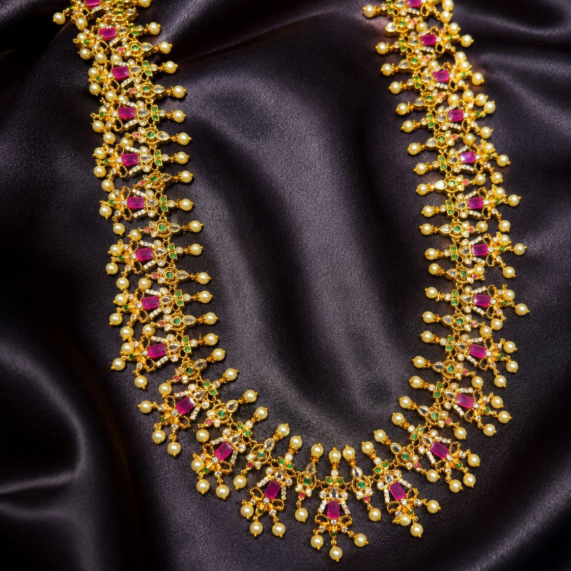 Ruby Kundan Pearl Mala Necklace