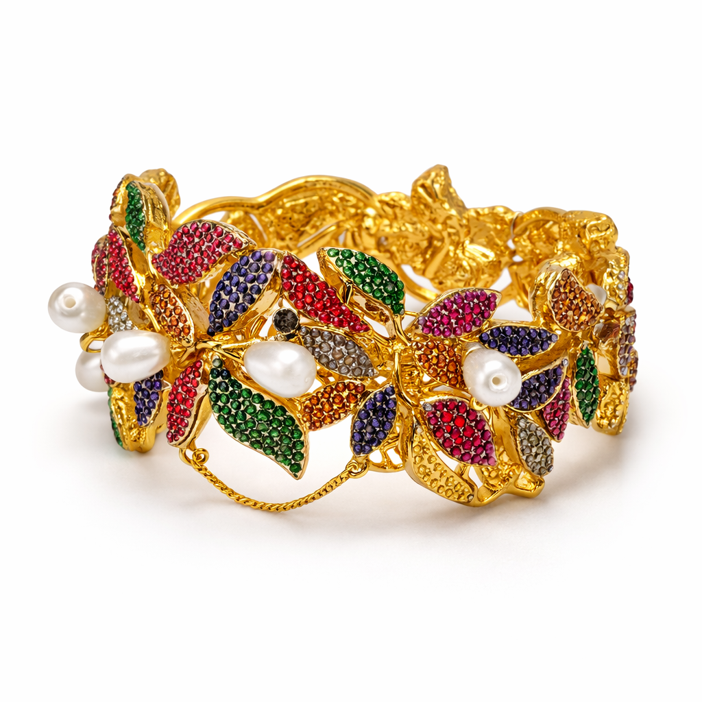 Floral Vine Openable Cuff Bangle – 22K Gold Plated | Pearl & Multicolour Stone - Riwaaj