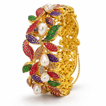 Floral Vine Openable Cuff Bangle – 22K Gold Plated | Pearl & Multicolour Stone - Riwaaj
