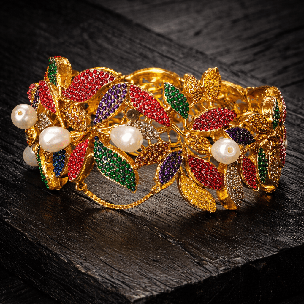 Floral Vine Openable Cuff Bangle – 22K Gold Plated | Pearl & Multicolour Stone - Riwaaj