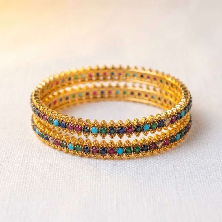 22K Gold Plated Prism Bangle Set – Handcrafted Gemstone Pair - Riwaaj