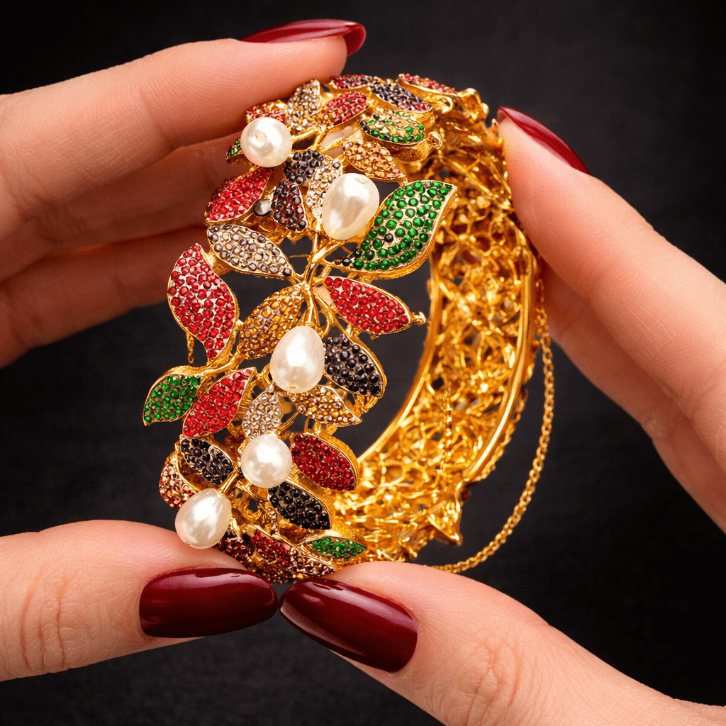 Floral Vine Openable Cuff Bangle – 22K Gold Plated | Pearl & Multicolour Stone - Riwaaj