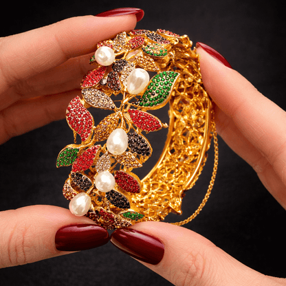 Floral Vine Openable Cuff Bangle – 22K Gold Plated | Pearl & Multicolour Stone - Riwaaj