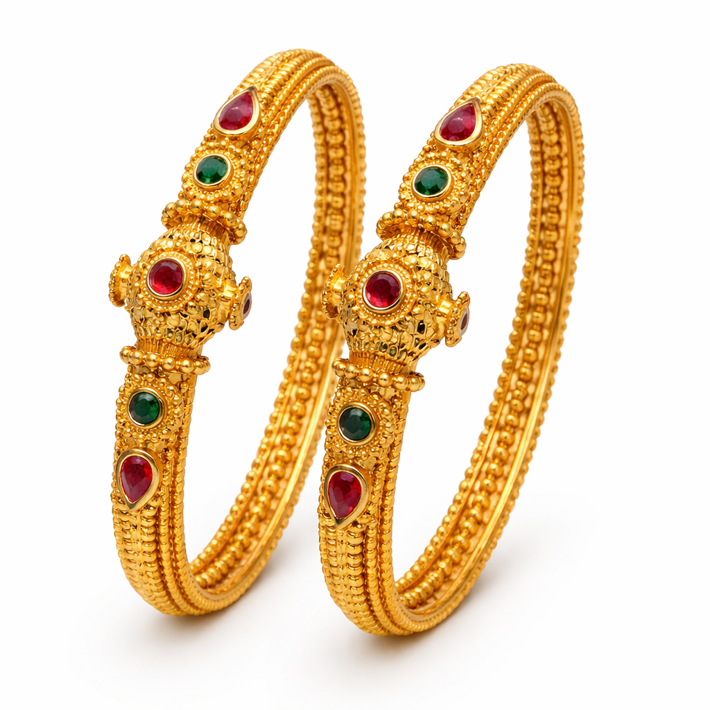 Rajwadi Heritage Openable Kara Pair – Gold Plated | Ruby & Emerald Stone