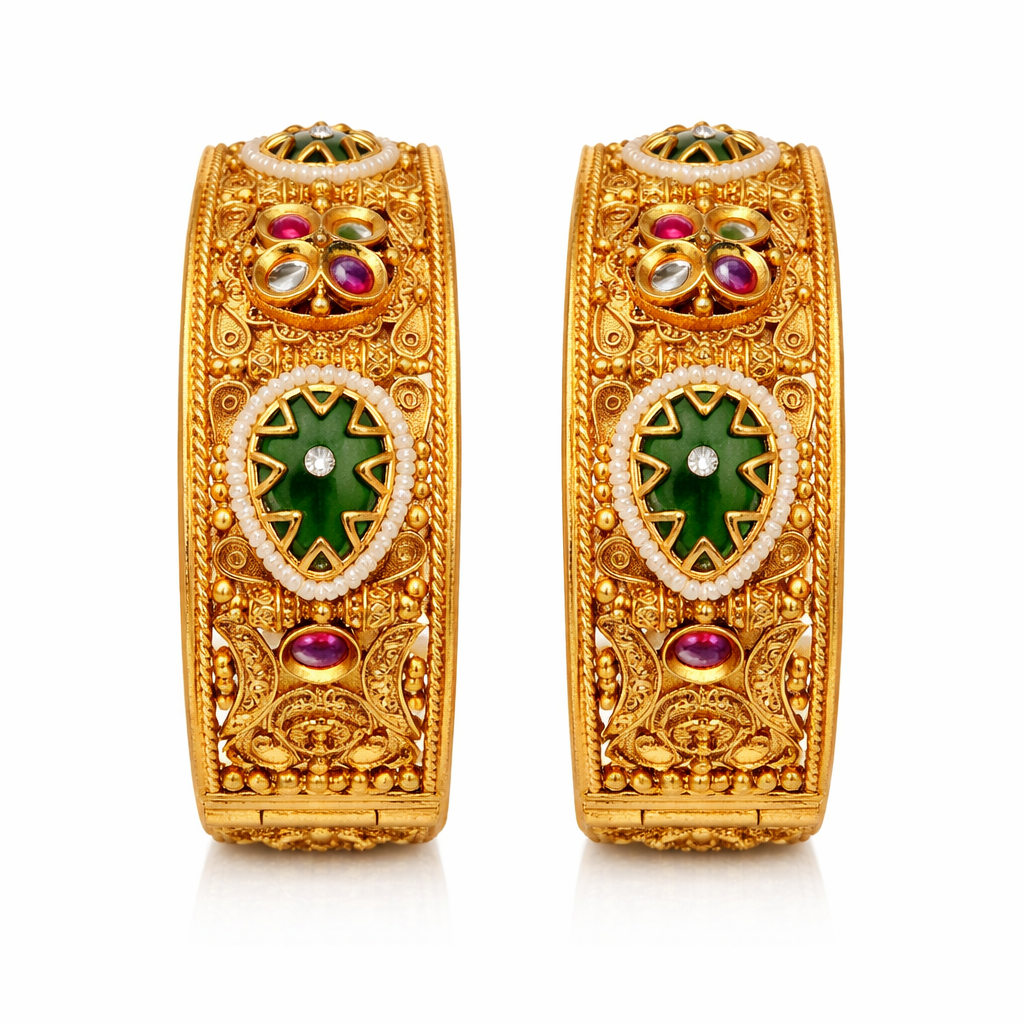 Royal Gemstone Openable Kara Pair – Gold Plated | Pearl & Stone