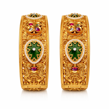 Royal Gemstone Openable Kara Pair – Gold Plated | Pearl & Stone