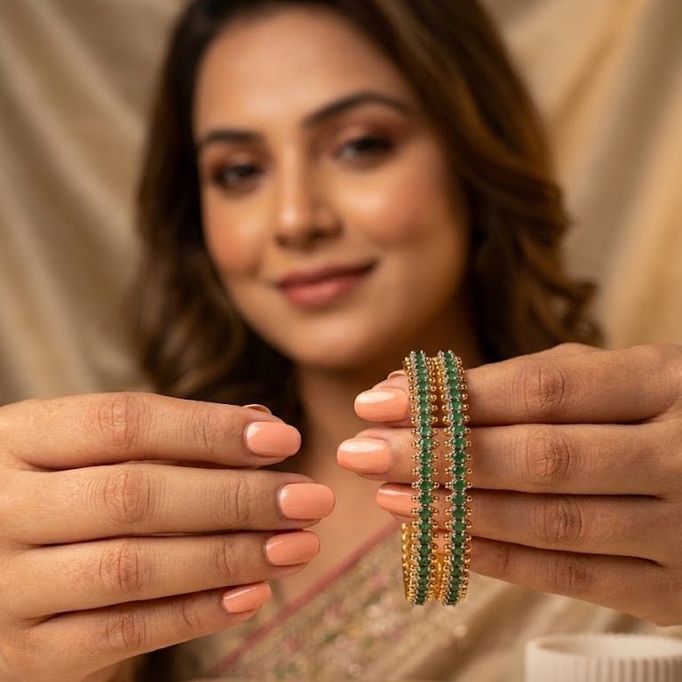 22K Gold Plated Prism Bangle Set – Handcrafted Gemstone Pair - Riwaaj