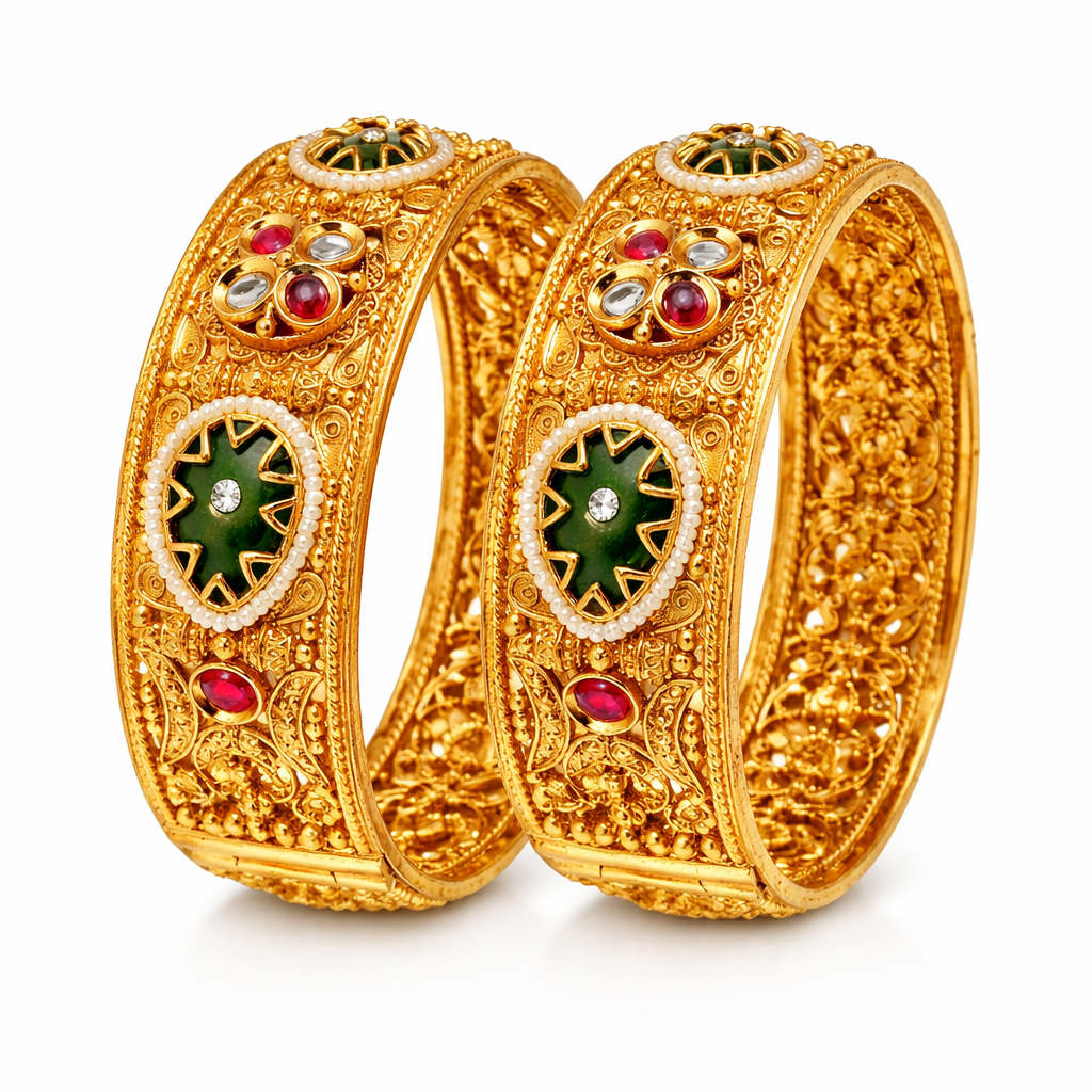 Royal Gemstone Openable Kara Pair – Gold Plated | Pearl & Stone