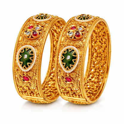 Royal Gemstone Openable Kara Pair – Gold Plated | Pearl & Stone