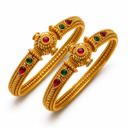 Rajwadi Heritage Openable Kara Pair – Gold Plated | Ruby & Emerald Stone